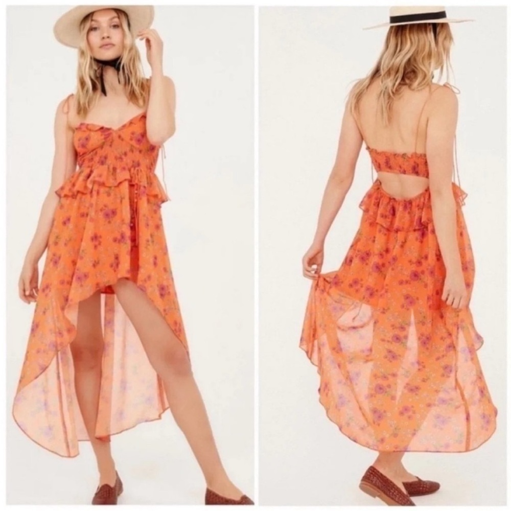 NWT For Love & Lemons Peony Asymmetric High-Low Floral Orange Maxi Dress Small